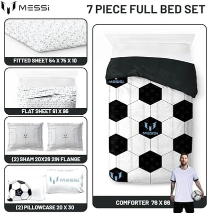 Jay Franco Kids Comforter Set Includes Sheets and Pillow Cover - Soft and Cozy Bed Set for Stylish Room Décor, White - Messi, 7 Piece Full