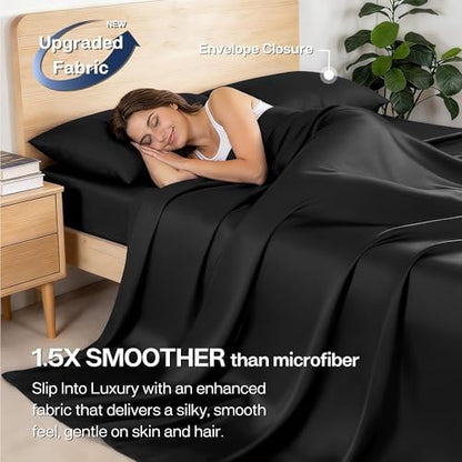 MR&HM King Size Sheet Set 4 Pieces, Rayon Derived from Bamboo Blend, Black