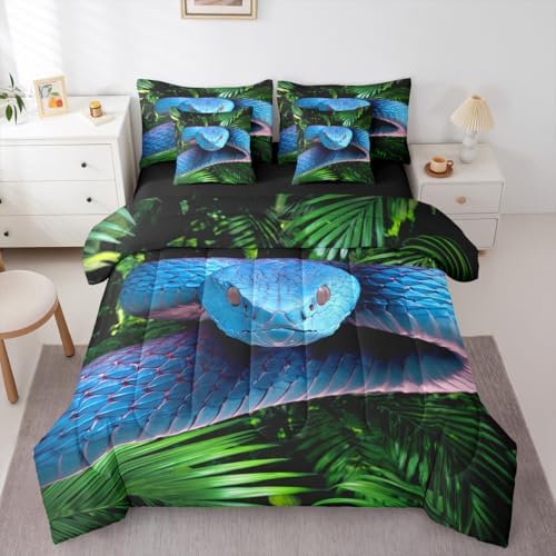 Erosebridal Snake 7 Pcs Bedding Set Twin 3D Reptile Comforter Set with Sheets Blue Scales Bed in A Bag Palm Leaf Wild Animal Bedroom Decor