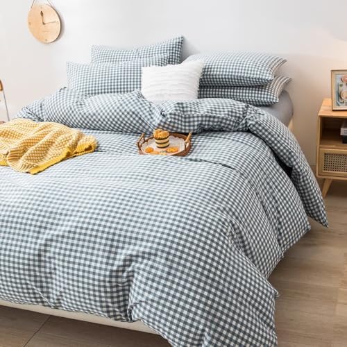 mixinni Blue Gingham Comforter Set Queen, Plaid Comforter Set 3 Pieces 1 Blue Grid Comfoter with 2 Pillow Cases for All Seasons, Soft Fluffy Modern Grid Pattern Printed Bedding-Queen Size