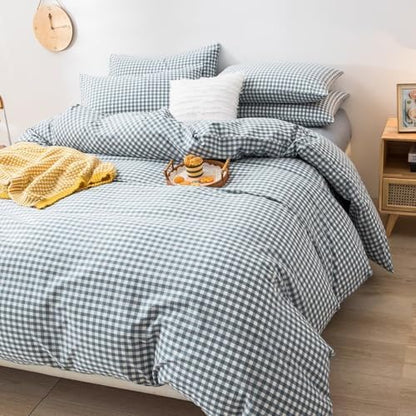 mixinni Blue Gingham Comforter Set Queen, Plaid Comforter Set 3 Pieces 1 Blue Grid Comfoter with 2 Pillow Cases for All Seasons, Soft Fluffy Modern Grid Pattern Printed Bedding-Queen Size