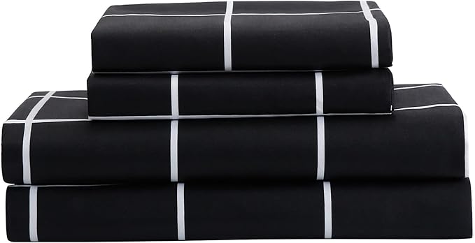 Best Season Bed Sheet Set 3 Pieces -Twin Size-Soft Durable Microfiber Bedding Sheet Set,Deep Pocket,Stain,Fade & Wrinkle Resistant (Plaid Black)