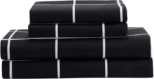 Best Season Bed Sheet Set 3 Pieces -Twin Size-Soft Durable Microfiber Bedding Sheet Set,Deep Pocket,Stain,Fade & Wrinkle Resistant (Plaid Black)