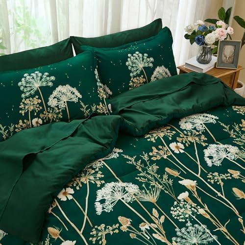 Yiran Queen Comforter Set, 7 Piece Floral Dark Green Bedding Set, Dandelion Botanical Bed in a Bag Queen, Soft Microfiber Complete Bedding Set with Comforter, Sheets, Pillowcases & Shams