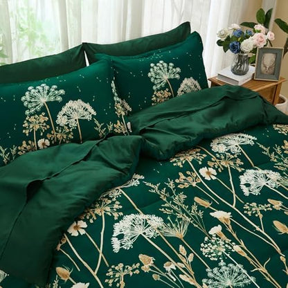 Yiran Queen Comforter Set, 7 Piece Floral Dark Green Bedding Set, Dandelion Botanical Bed in a Bag Queen, Soft Microfiber Complete Bedding Set with Comforter, Sheets, Pillowcases & Shams