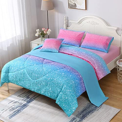 JQinHome Glitter Comforter Set Queen Size, 6 Piece Bed in A Bag 3D Colorful Duvet Pink Blue Bedding Set for Girls Women (1 Comforter,2 Pillowcases,1 Flat Sheet,1 Fitted Sheet,1 Cushion Cover)