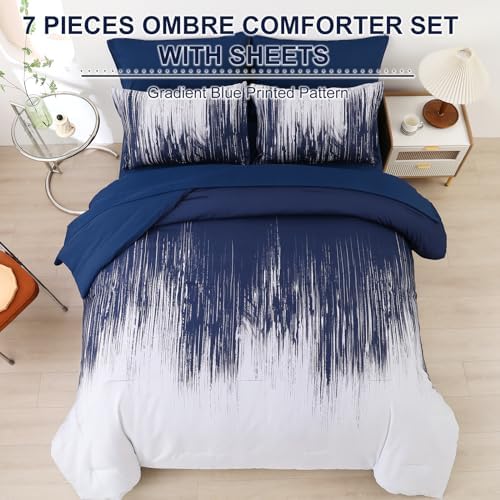 Dinjoy Ombre Blue Comforter Set King Size Gradient Navy Blue White Boho Bedding Set for Teen Men Women 7 Pieces Bed in A Bag Bohemian Bed Set with Comforter, Sheets, Pillowcases & Shams