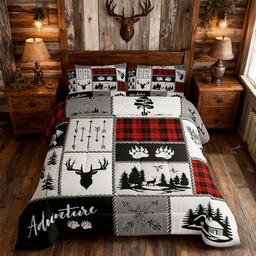 Deer Antlers Comforter Set King Size,Bear Paws Pine Trees Xmas Bedding Set for Kids Boys Girls Adults Room Decor,Lattices Patchwork Rustic Farmhouse Down Comforter,Red Duvet Insert,2 Pillowcases