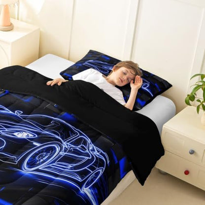 Feelyou Blue Race Car Comforter Set Toddler Size Bedding Set