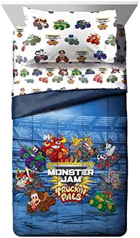 Monster Jam Toddler Size Comforter Set 4 Piece Kids Bedding for Boys, Blue