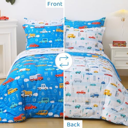 Viviland Kids Full Bedding Sets, Boys Comforter, Deep Blue Traffic Cars
