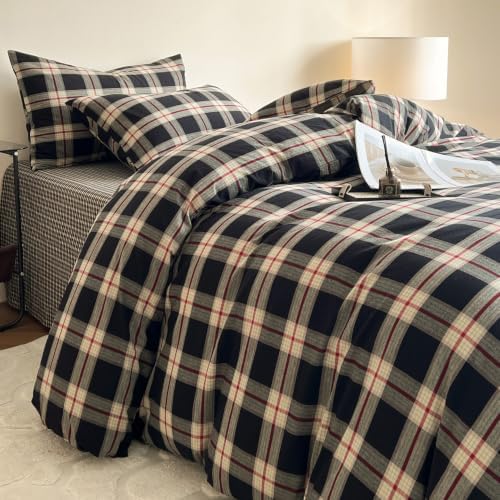Mucalis Black Buffalo Plaid Duvet Cover King 100% Washed Cotton Green Red Checkered Duvet Cover Vintage 3 Piece Grid Bedding Set with Zipper Closure 4 Corner Ties