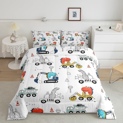 Feelyou Kids Construction Comforter Set Cartoon Dinosaur Bedding King Size Tractor Vehicle Truck Comforter for Boys Girls Jungle Dino Quilt Set Yellow Blue Soft