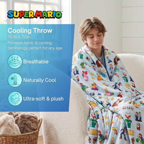 Super Mario Gaming Cooling Throw Blanket, 50 x 70 Inch Versatile Lightweight All-Season Throw, Soft Breathable Cooling Fabric for Couch, Bed & Sofa (Officially Licensed Product) by Franco Calm