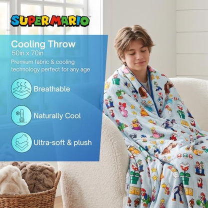 Super Mario Gaming Cooling Throw Blanket, 50 x 70 Inch Versatile Lightweight All-Season Throw, Soft Breathable Cooling Fabric for Couch, Bed & Sofa (Officially Licensed Product) by Franco Calm