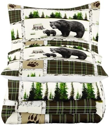 LUVIVIHOME 3PCS Rustic Cabin Bedding, Black Bear Comforter Set Queen Size, Country Lodge Farmhouse Forest Animal Wildlife Hunting Log Cabin Bedroom Decor, Green Plaid Patchwork Quilt, 2 Pillow Shams
