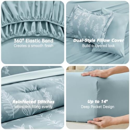 MUXHOMO Oversized King Comforter Set, Mineral Blue Elegant Floral Print Bed in a Bag 7 Pieces, Soft & Breathable Reversible Botanical Pattern Bedding Set with Comforter, Sheets, Pillowcases, and Shams