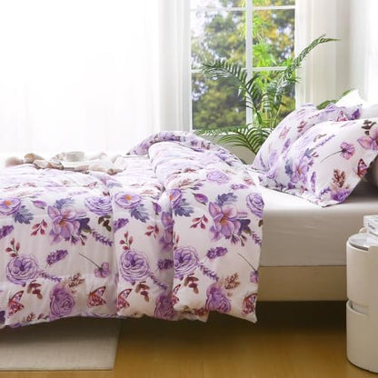 Mooreeke Purple King Size Comforter Sets, Purple Flower and Butterfly Printed Bedding for All Seasons, 3-Piece Vintage Bed in a Bag with Fluffy Quilted Reversible Comforter & 2 Pillow Shams