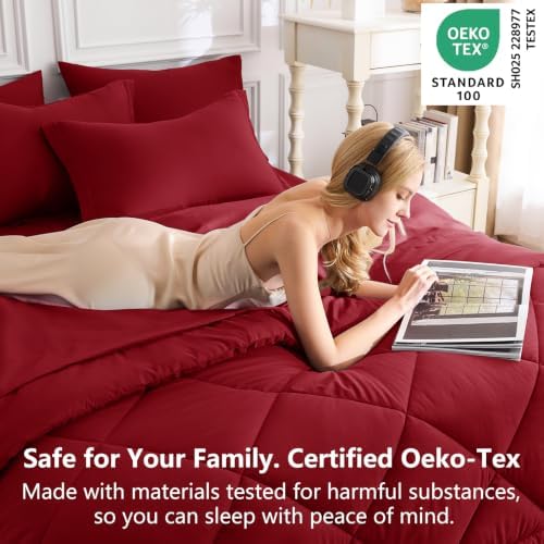 CozyLux Full Comforter Set 82"x86" Dark Red - 7 Piece Bed in a Bag