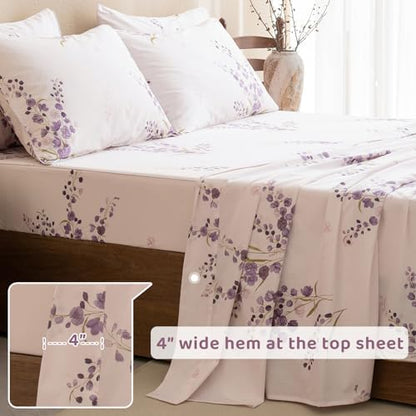 QSH Purple Floral Bed Sheets King Size 100% Egyptian Cotton Lavender Flower Bedding Sheets King Size Bedsheets Sets 17.5" Extra Deep Pocket 4pcs