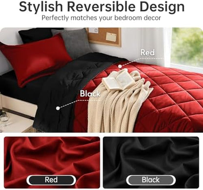 MUXHOMO 5 Pieces Twin XL Comforter Set, Reversible Bed in a Bag Twin XL Size, All Season Bedding Set with Comforter, Flat Sheet, Fitted Sheet, Pillowcases & Shams, Red & Black