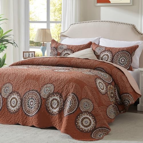 LEAONME 3 Pieces King Size Burnt Orange Rust Quilt Set Lightweight Oversized Bedspread 98''x106'' Soft Microfiber Floral Coverlet Luxurious Warm Bed Cover for All Seasons (1 Quilt, 2 Pillow Shams)