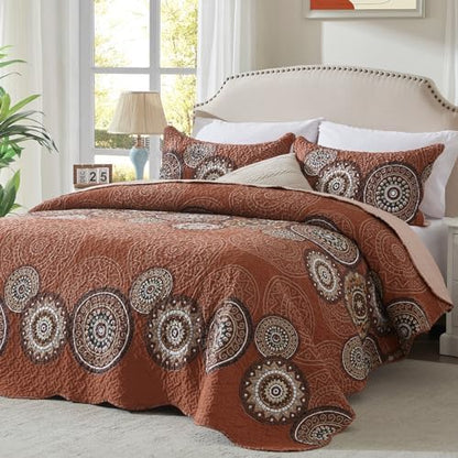 LEAONME 3 Pieces King Size Burnt Orange Rust Quilt Set Lightweight Oversized Bedspread 98''x106'' Soft Microfiber Floral Coverlet Luxurious Warm Bed Cover for All Seasons (1 Quilt, 2 Pillow Shams)