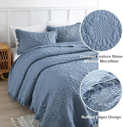 HORIMOTE HOME Blue Ruffled Quilt Twin Size, Stone-Washed Microfiber Lightweight Crinkled Farmhouse Rustic Shabby Chic Bedding Set, 2 Pieces Reversible Bedspread with Pillow Sham for All Season