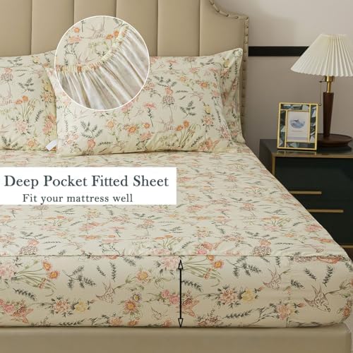 FADFAY Full Size 4‑Piece 100% Cotton Sheet Set – Deep Pocket Fitted Sheet, Crisp, Breathable & Soft for Hot Sleepers, Country Style Floral & Butterfly Pattern for All Seasons