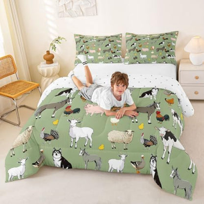 Feelyou Green Farm Animal Comforter Set Toddler Size Cute Animal Bedding Set for Kids Boys Girls Farm Theme Duvet Quilt Cartoon Bedroom Decor 2 Pcs with 1 Pillow Cases
