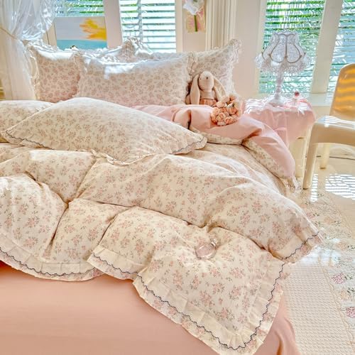 mixinni Shabby Chic Floral Duvet Cover Set Twin, 100% Cotton Cottagecore Bedding with Double Ruffle Lace Trim, Reversible Pink Rose Flower Vintage Farmhouse Comforter Cover with Zipper & Corner Ties