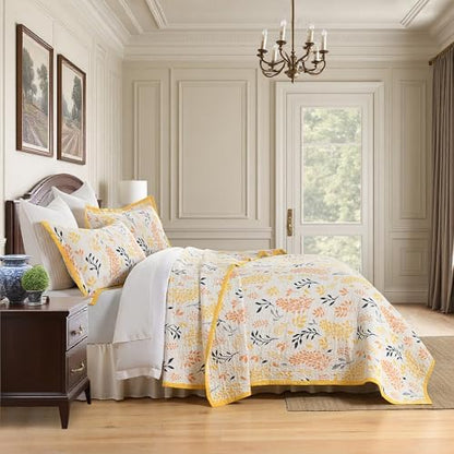 Queen Size Quilt Set - Cotton Floral Quilts Queen, Yellow, 90x98
