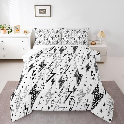 Homewish Gaming Comforter Set Full,Boys Lightning Strike Graffiti Bedding Set for Kids Teens Gamer Room Decor,Cartoon Natural Warning Quilt Set Modern Cool Duvet Insert 3pcs,2 Pillowcases,White