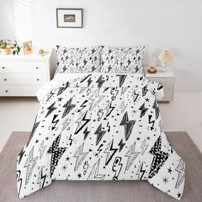 Homewish Gaming Comforter Set Full,Boys Lightning Strike Graffiti Bedding Set for Kids Teens Gamer Room Decor,Cartoon Natural Warning Quilt Set Modern Cool Duvet Insert 3pcs,2 Pillowcases,White