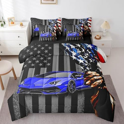 Feelyou Race Car Comforter Set with Sheets Queen Size Kids Speed Sports Car American Flag 7 Pieces Bedding Set for Boys Girls Teens Blue Racing Car Bed in a Bag Extreme Sports Bed Set Automobile
