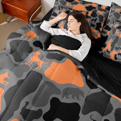 Erosebridal Hunter Deer 7 Piece Bedding Set Full Camouflage Comforter Set with Sheets Black Orange Army Camo Woods Bed in a Bag Hound Bear Wolf Turkey Pattern for Kids Boys Girls