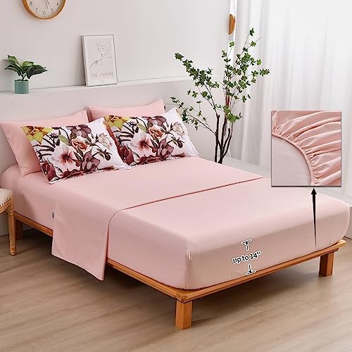Luxudecor Floral Comforter Set King Size 7 Piece, Blush Flower Bed in a Bag, Elegant Floral Comforter with Sheet Set, Soft Microfiber Bedding Set for All Season (Blush, 104"x90")