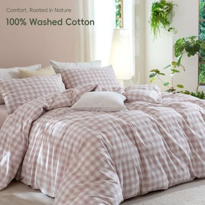 JIYUAN Full Washed Cotton Duvet Cover Set, 3-Piece, Large Gingham