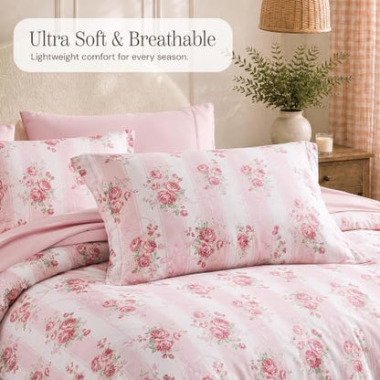 BLOOMHAVEN King Size Comforter Set-7 Pieces Pink Floral Bed in a Bag King