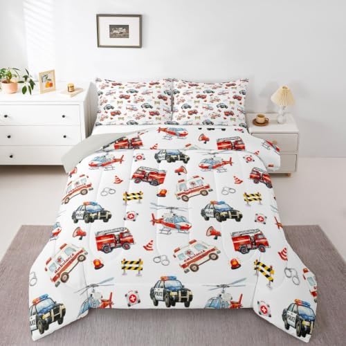 Feelyou Police Car Comforter Set King Size Red Fire Truck Bedding Set for Kids Boys Girls Airplane Duvet Quilt Bedroom Decor Microfiber 3 Pcs with 2 Pillow Cases