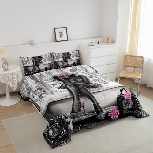 jejeloiu Afrcian American Woman Comforter Set Full Size Kids Pink Black Bedding Set Boys Girls Teens Ethnic Afro Duvet Breathable Traditional Exotic Quilt Bedroom Decor,1 Comforter with 2 Pillowcase