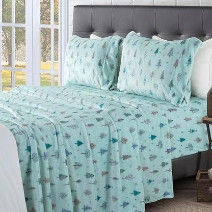 Elegant Comfort Luxuriously Soft 4-Piece Holiday Velvet Plush Flannel Sheet Set - Premium Quality - Cozy Warm, Christmas Fuzzy Velvet Flannel Fleece Deep Pocket Sheet Set - Twin, Mint Pine Trees