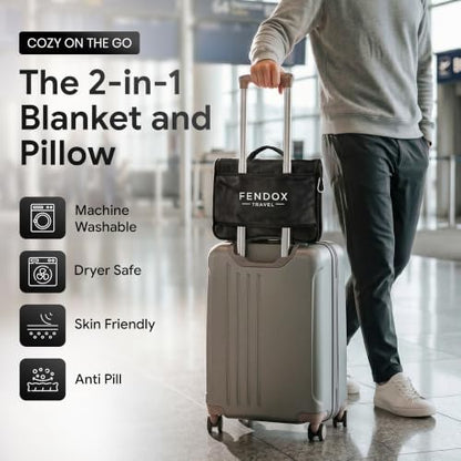 2-in-1 Travel Blanket and Pillow – Lightweight, Compact, Ultra Soft, Machine Washable – Handle, Luggage Sleeve, Backpack Clip – for Travel Airplane, Car, Office (Black)