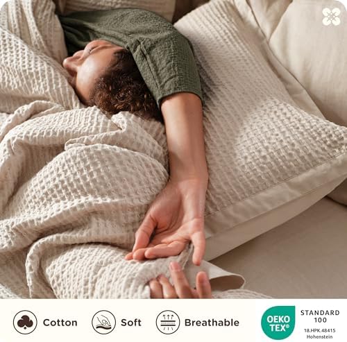 Bedsure PureWoven Cotton Waffle Duvet Cover Set, California King, Beige