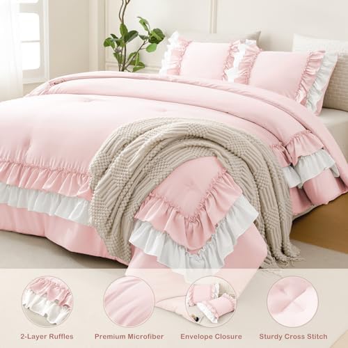 Masaca Pink Comforter Set Queen,Farmhouse Shabby Boho Chic Bedding White Ruffle Comforter Vintage Rustic French Country Bedding Set 3PCS (1 Ruffled Comforter and 2 Pillowcases)