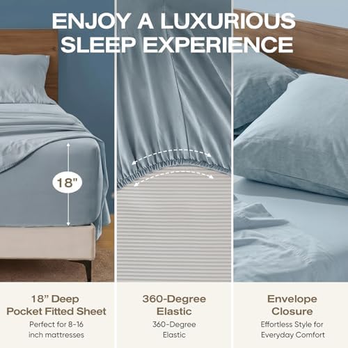 100% Pure Linen Blend 4 Piece Sheet Set, Cooling and Breathable Flax Bed Sheets for Hot Sleepers, All Season Comfort, Anti-Tear and Durable Bedding, 18 Inch Deep Pocket(Cornflower Blue,Queen)