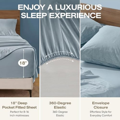 100% Pure Linen Blend 4 Piece Sheet Set, Cooling and Breathable Flax Bed Sheets for Hot Sleepers, All Season Comfort, Anti-Tear and Durable Bedding, 18 Inch Deep Pocket(Cornflower Blue,Queen)
