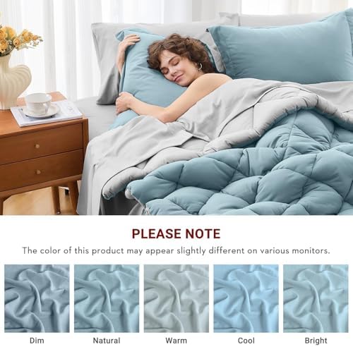 MUXHOMO 7 Pieces King Comforter Set, Reversible Bed in a Bag King Size, All Season Bedding Set with Comforter, Flat Sheet, Fitted Sheet, Pillowcases & Shams, Greyish Blue & Light Grey