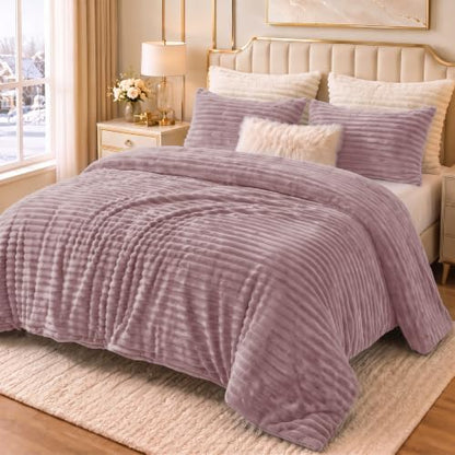 CozyLux Fleece Queen Comforter Set, 3 Piece Winter Warm Dusty Pink Bedding