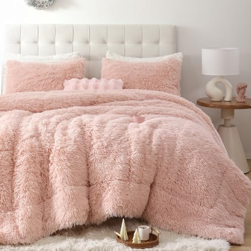 Smoofy Fluffy King Size Comforter Set, Blush Pink Faux Fur Comforter 3 Pcs